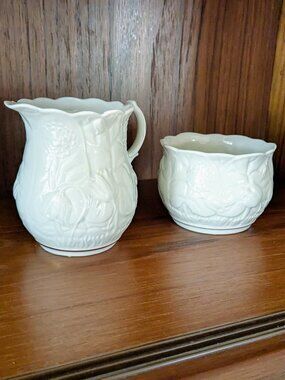 VTG Belleek Ireland Serenity Creamer & Sugar Set - 8th Blue Mark - MINT w/ Label